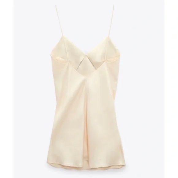 ZARA SATIN MINI DRESS BEIGE-PINK STRAPPY V-NECK - Picture 11 of 13